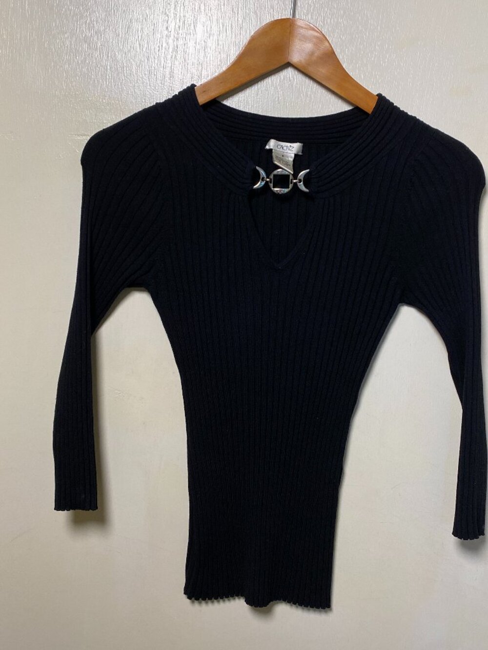 Cache Black Ribbed Silk Blend Sweater Top Size Small Stretchy Fitted